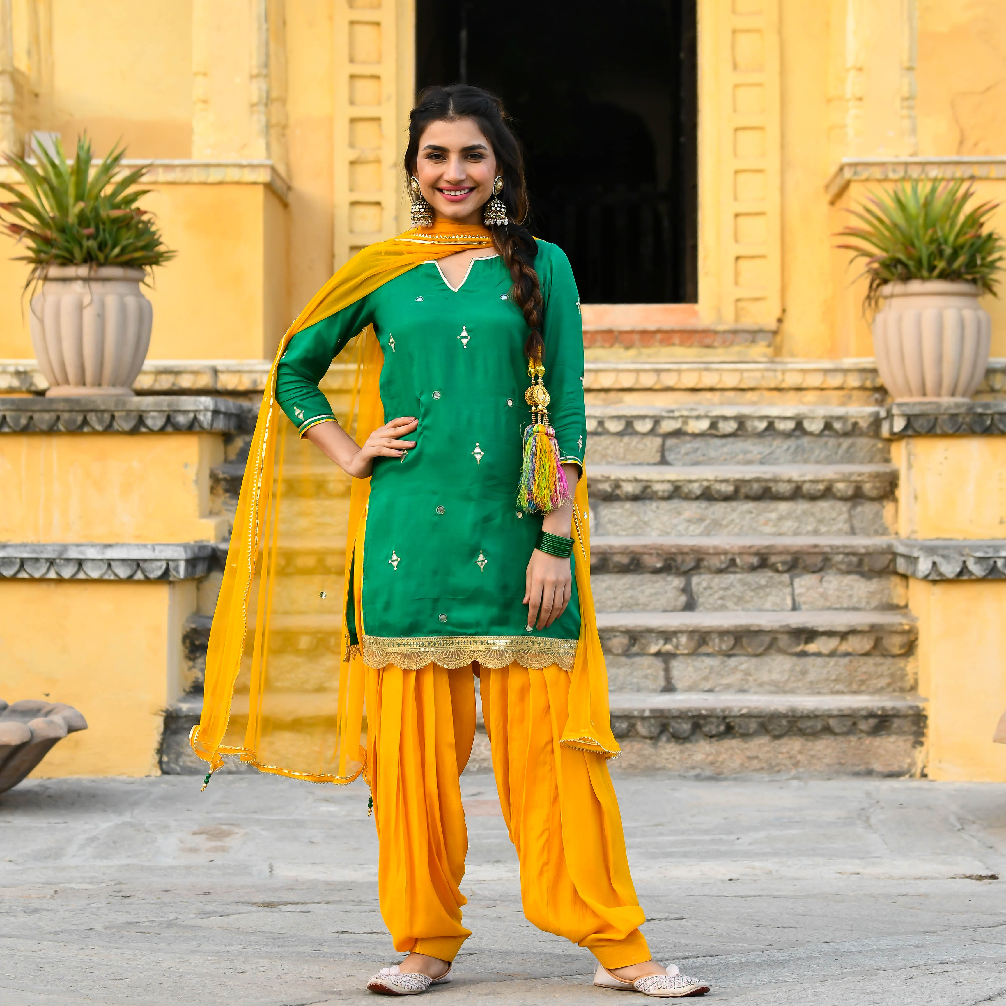 Yellow Cotton Embroidered Unstitched Salwar Suit | Leemboodi